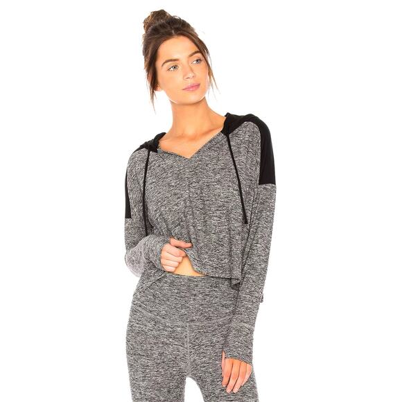 NEW Beyond Yoga S Cut Run Cropped Hoodie Pullover Black Spacedye Gray Drawstring - Picture 7 of 12